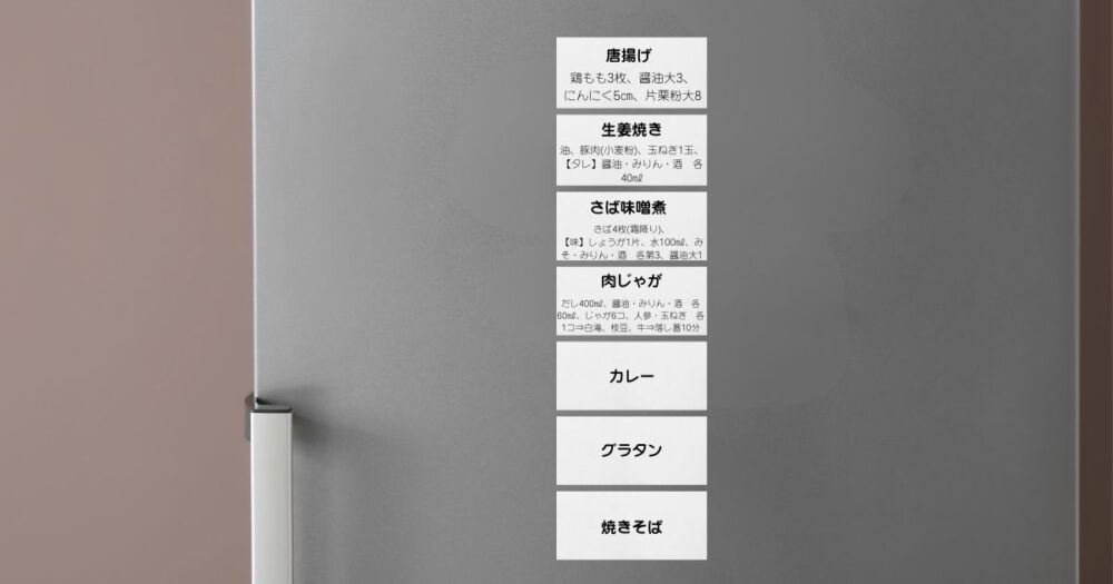 冷蔵庫に貼られた献立マグネットで1週間の夕食を視覚的に管理している様子
